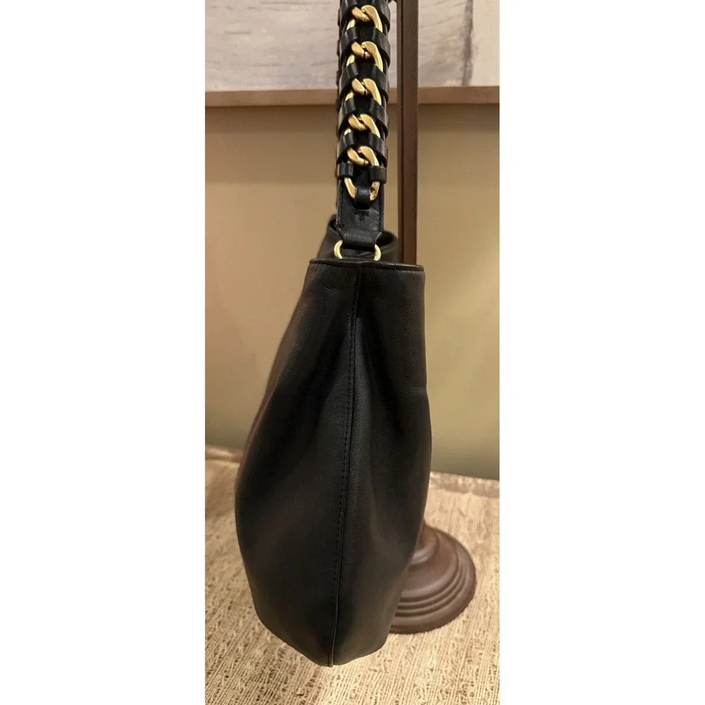 Tory Burch Brooke Minimalist Hobo Bag Black‎ Leather Gold Braided Handle 598$